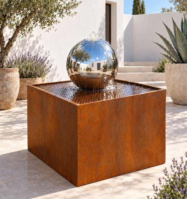 Luna Corten & Stainless Steel Sphere Water Feature with Warm White Light EAT 28 Oct Sydney