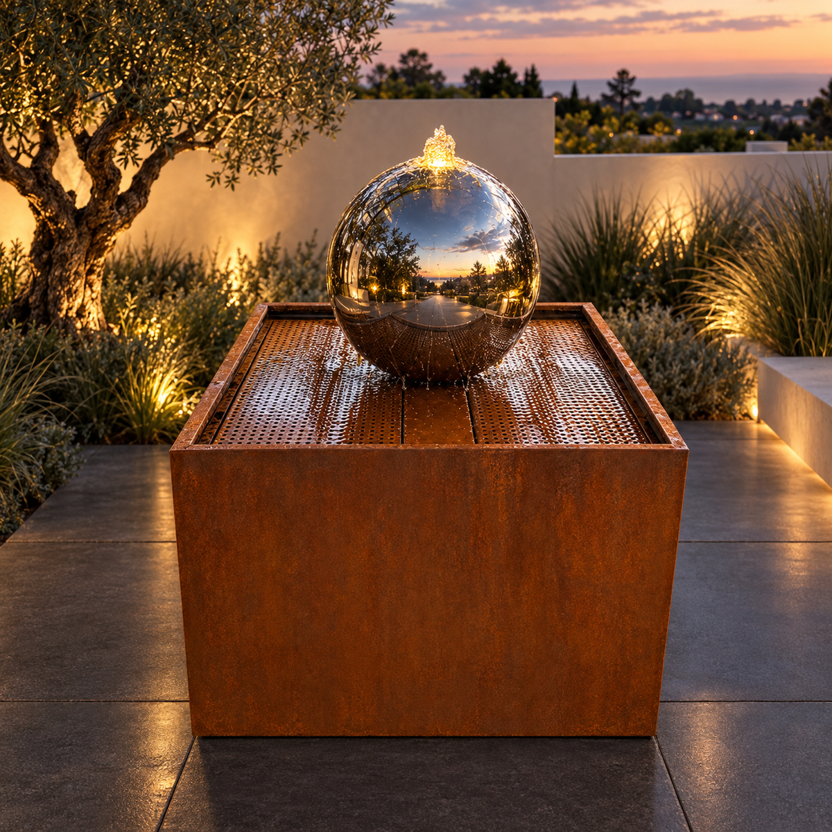 Luna Corten & Stainless Steel Sphere Water Feature with Warm White Light EAT 28 Oct Sydney