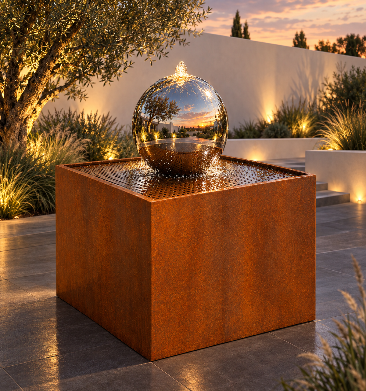 Luna Corten & Stainless Steel Sphere Water Feature with Warm White Light EAT 28 Oct Sydney