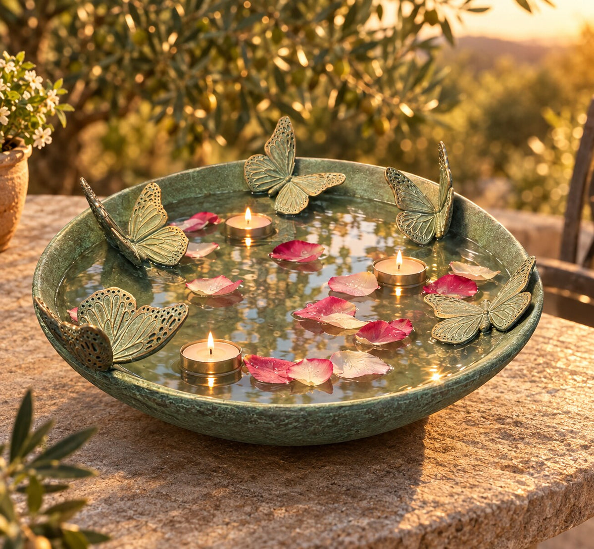Mariposas butterfly bowl on a patio table with floating rose petals and candles