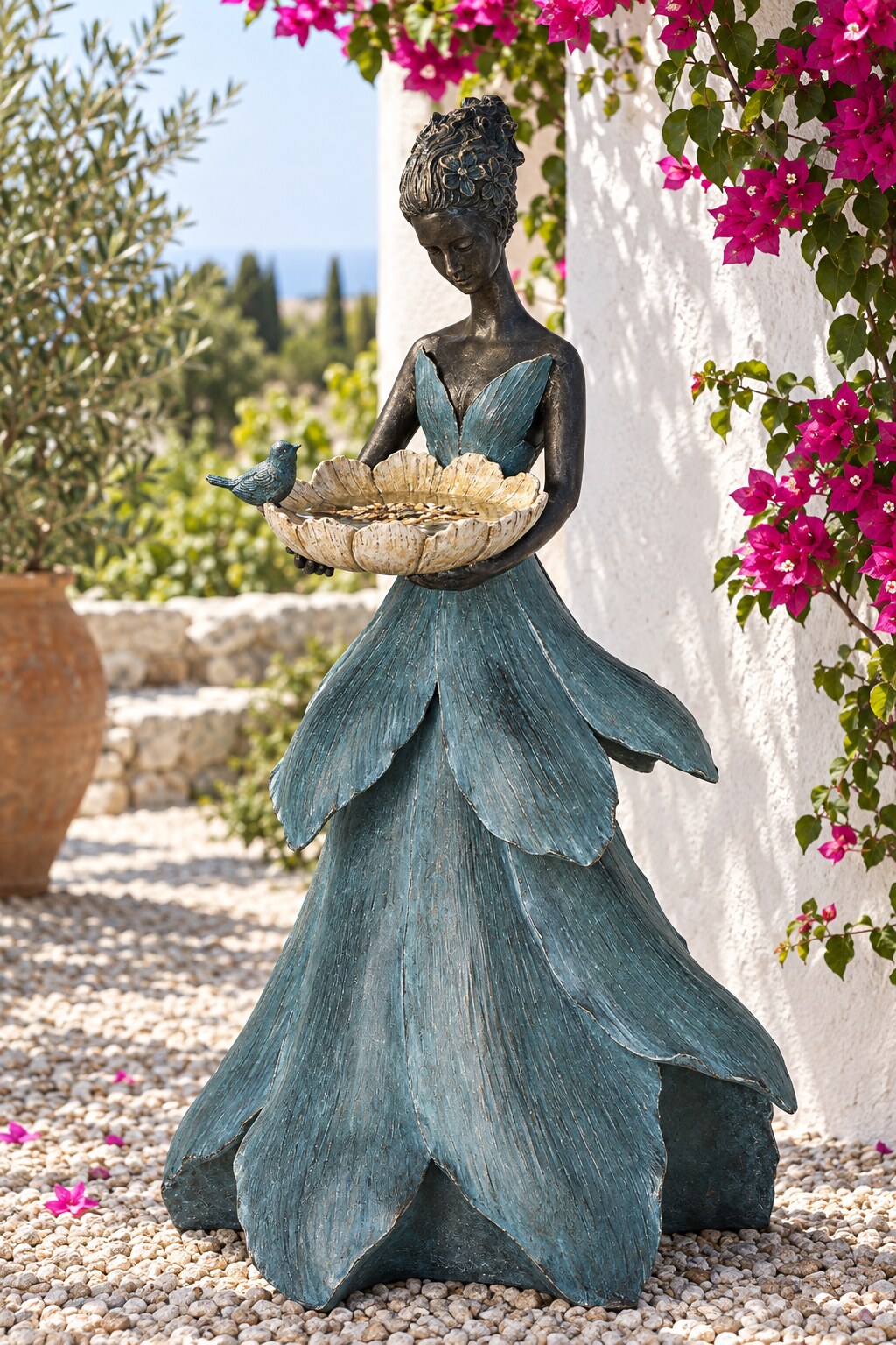Marisol bronze and blue resin lady statue in a Mediterranean courtyard with bougainvillea