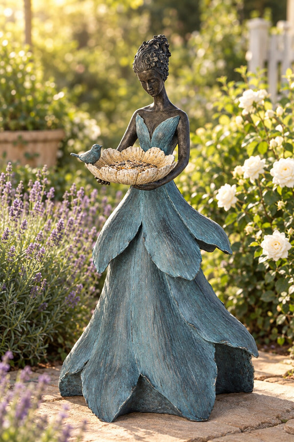 Marisol flower dress lady bird feeder statue in a cottage garden with lavender and roses