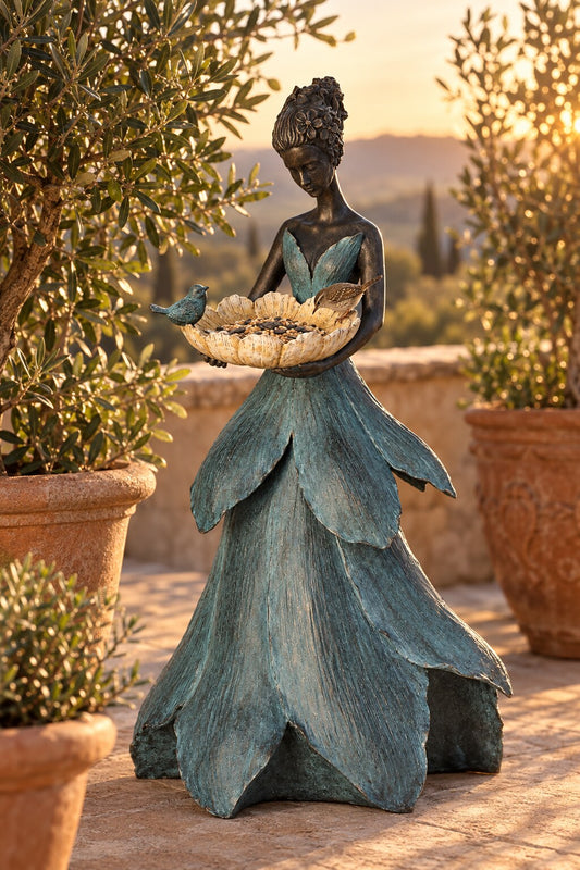Marisol Blue Dress Girls bird feeder statue on a terrace with olive trees at golden hour
