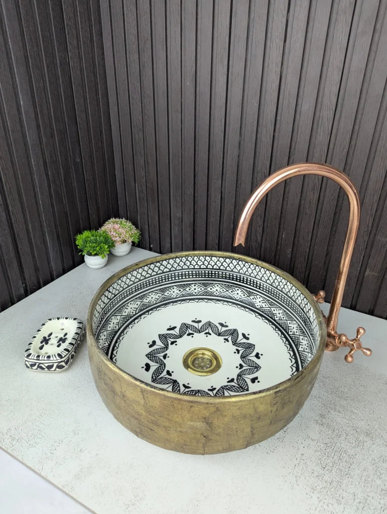 Amazing Ceramic Sink with Brass Edge – Handcrafted Moroccan Basin