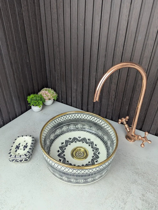 Elegant Hand-Painted Moroccan Ceramic Bowl Sink 14K