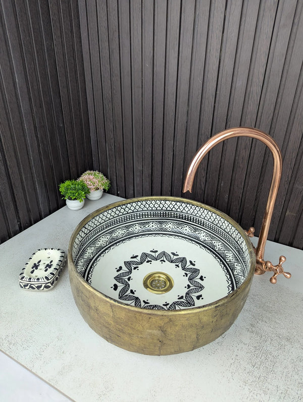 Amazing Ceramic Sink with Brass Edge – Handcrafted Moroccan Basin