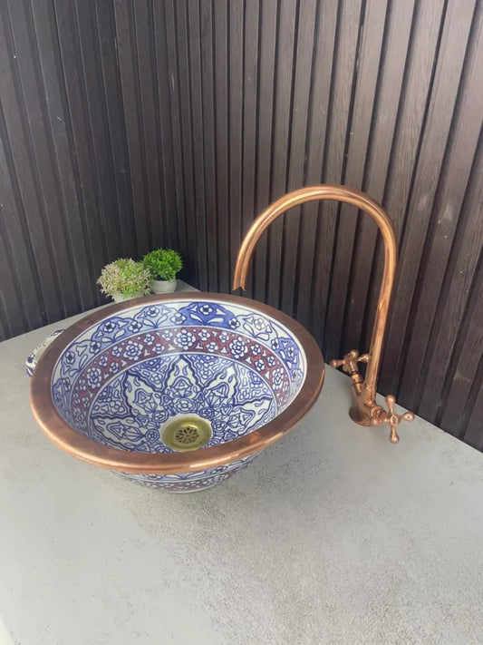 Artisan Ceramic Vessel Sink – Moroccan Style with Brass Edge
