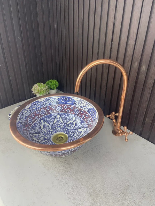 Artisan Ceramic Vessel Sink – Moroccan Style with Brass Edge