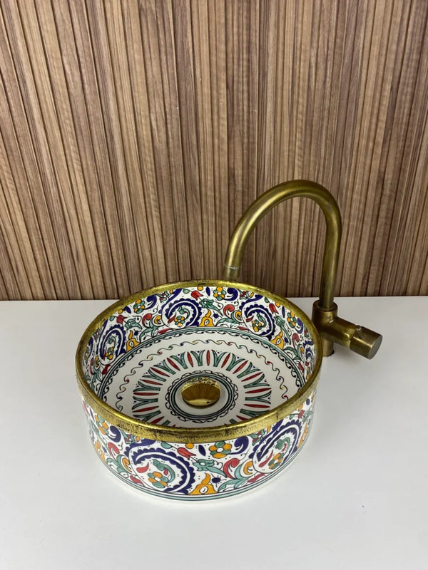 Hand-Painted Ceramic Sink with Brass Rim – Elegant Moroccan Design