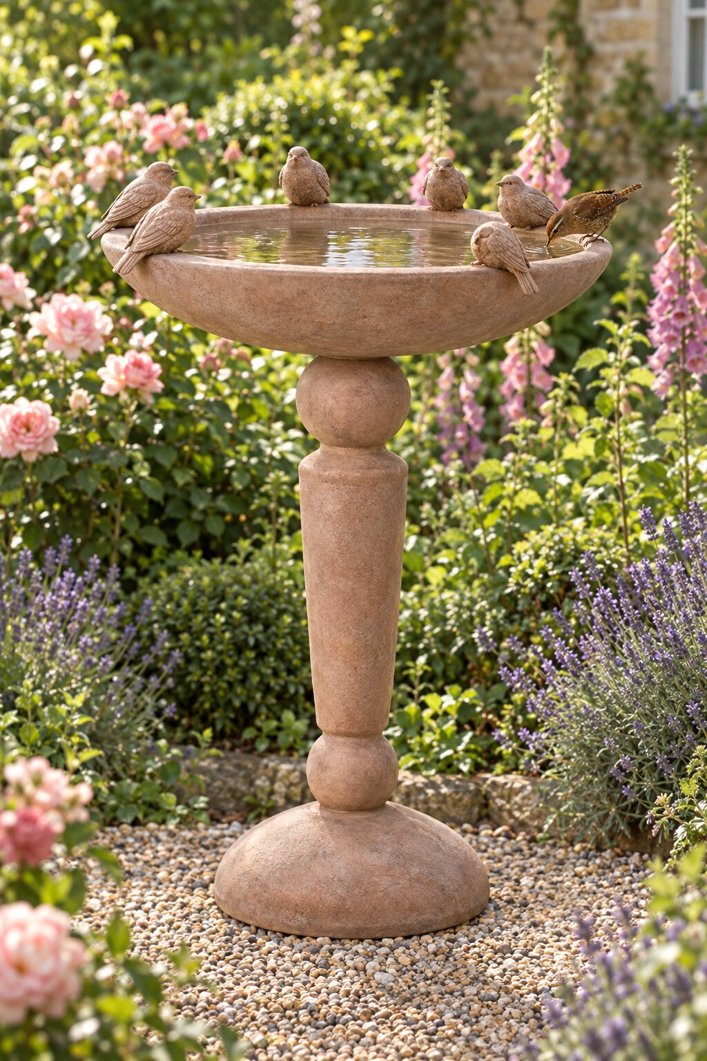 Pajaros MgO pedestal bird bath with sculpted sparrows in an English cottage garden