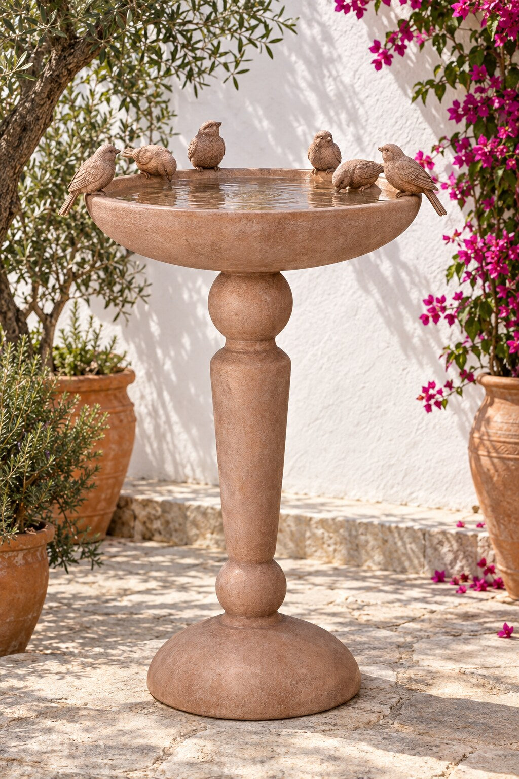Pajaros bird bath in a Mediterranean courtyard with bougainvillea and olive tree