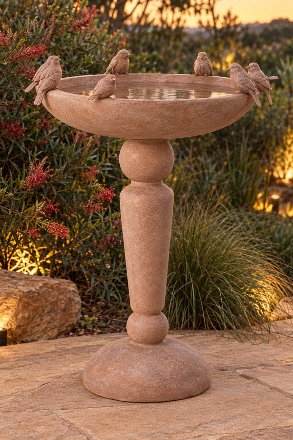 Pajaros MgO bird bath on a sandstone patio beside a native Australian garden at dusk