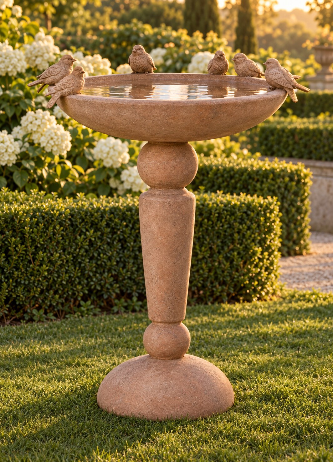 Pajaros pedestal bird bath on a lawn in a formal garden with box hedges