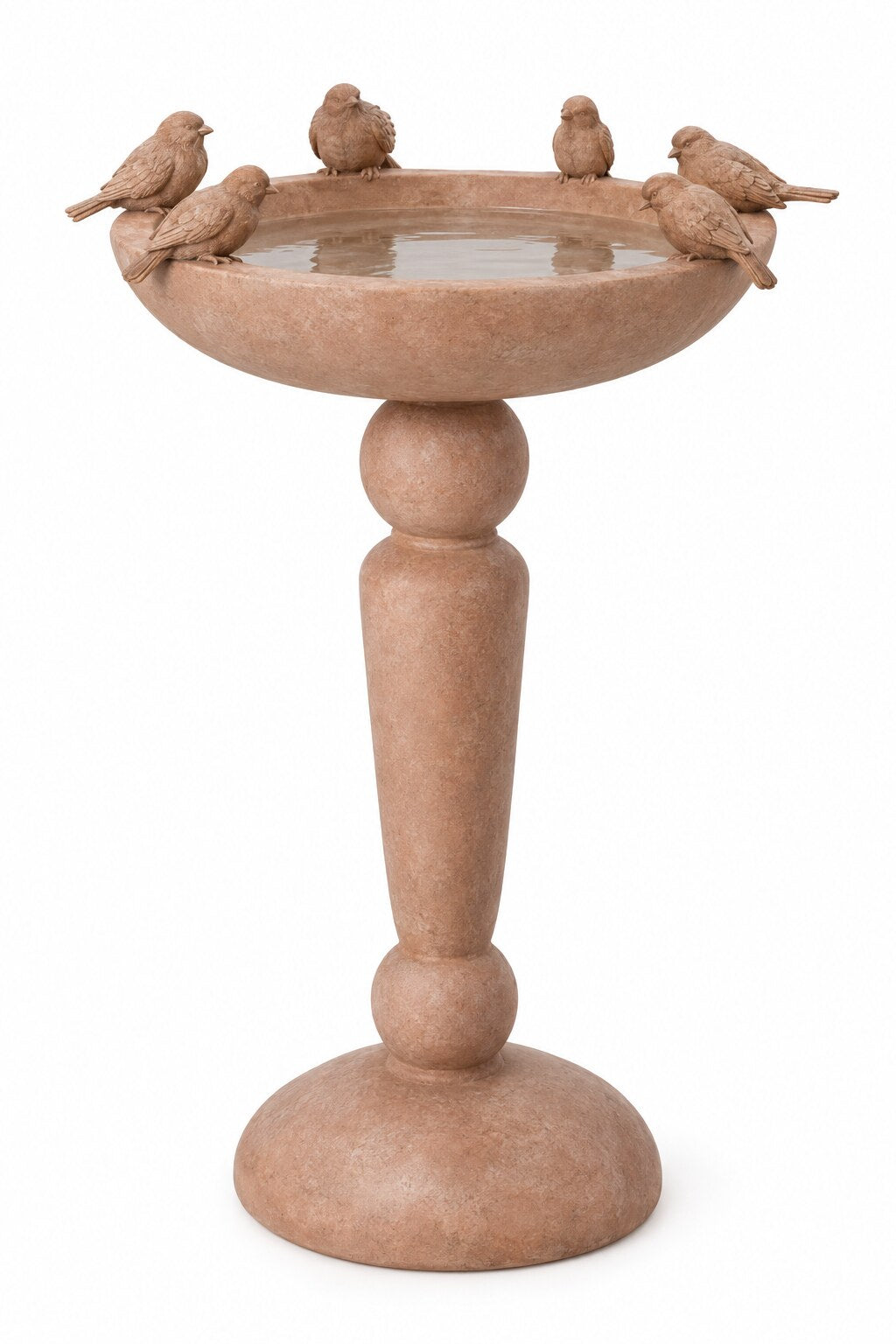 Pajaros terracotta pedestal bird bath with birds on the rim, studio photo