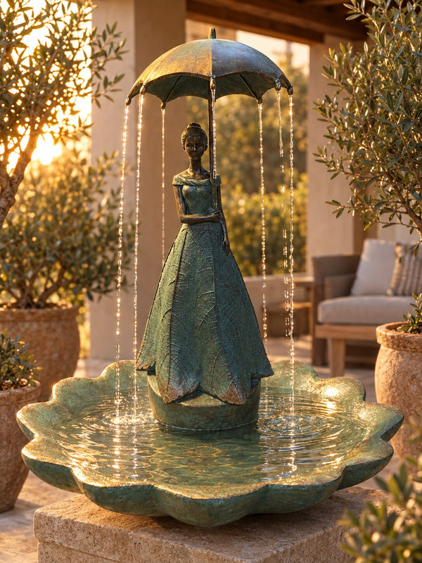 Paraguas verdigris umbrella lady fountain on a patio at golden hour