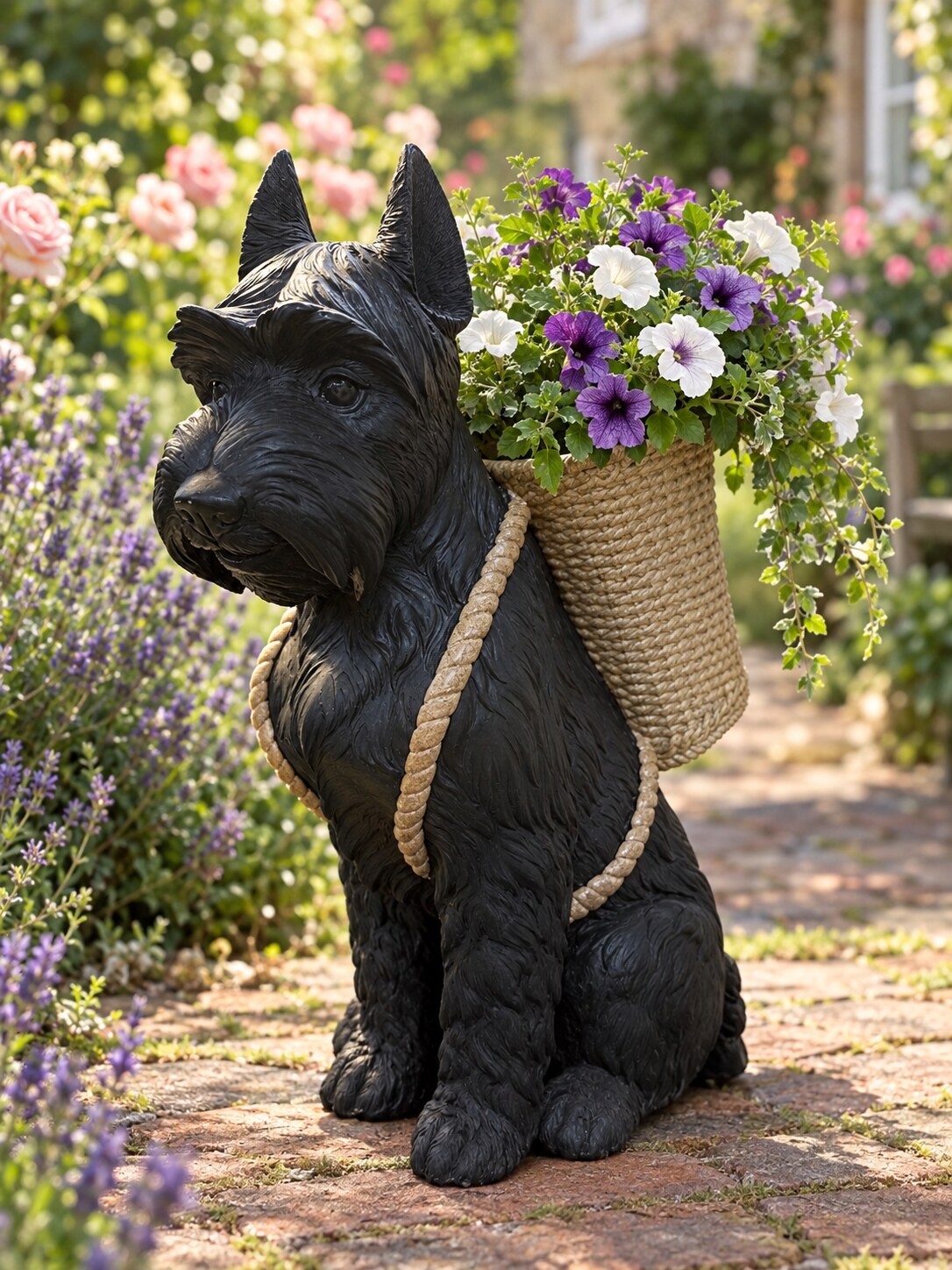 Perro black Scottish terrier dog statue with basket planter of petunias in a cottage garden
