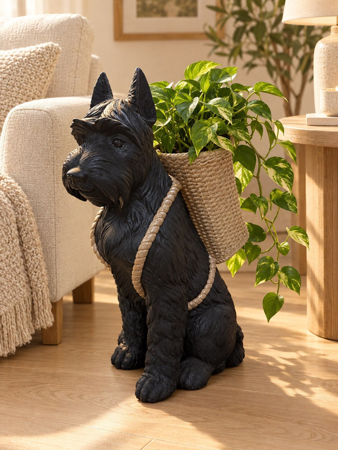 Perro Scottish terrier basket planter with trailing pothos in a living room