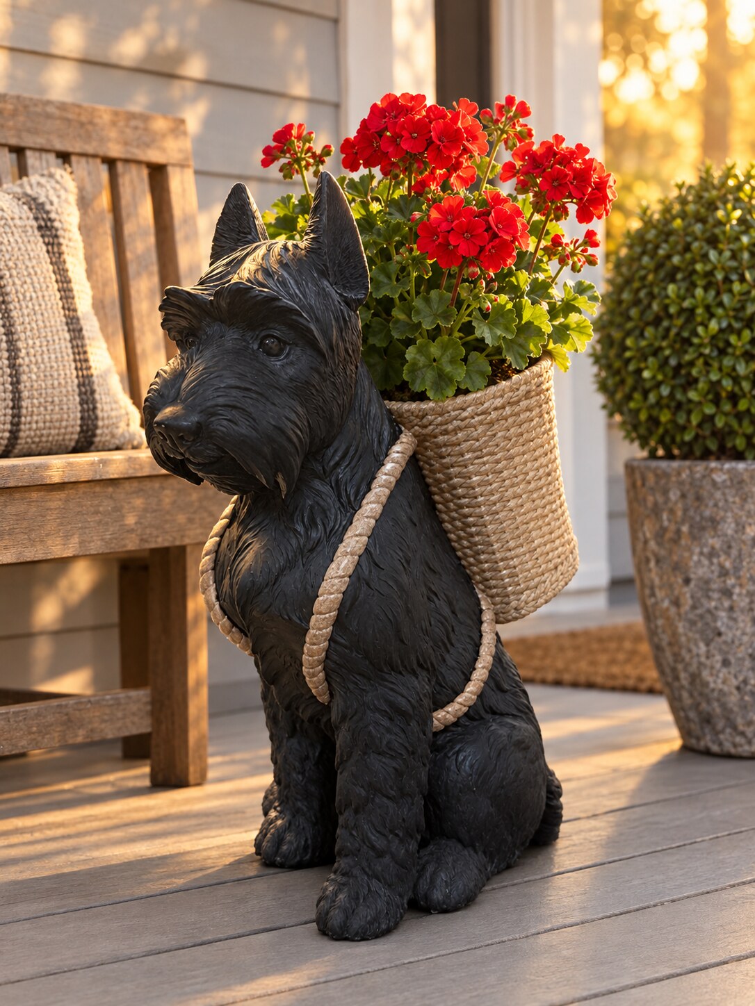Perro black dog statue with red geraniums in its basket on a front porch