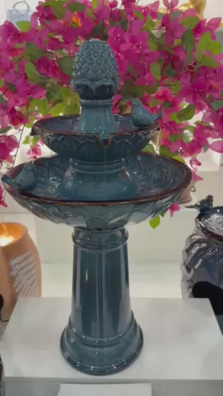 Carretera Glazed Ceramic Tiered Blue Fountain with Birds