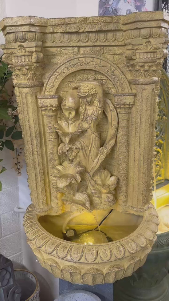 Cestina Wall Hanging Water Feature with Roman Lady Jugs & Flowers