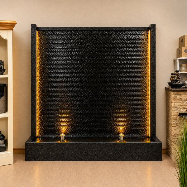 Rio Grazioso granite look water wall, 2 m x 2 m, black curtain with side and base LED lights