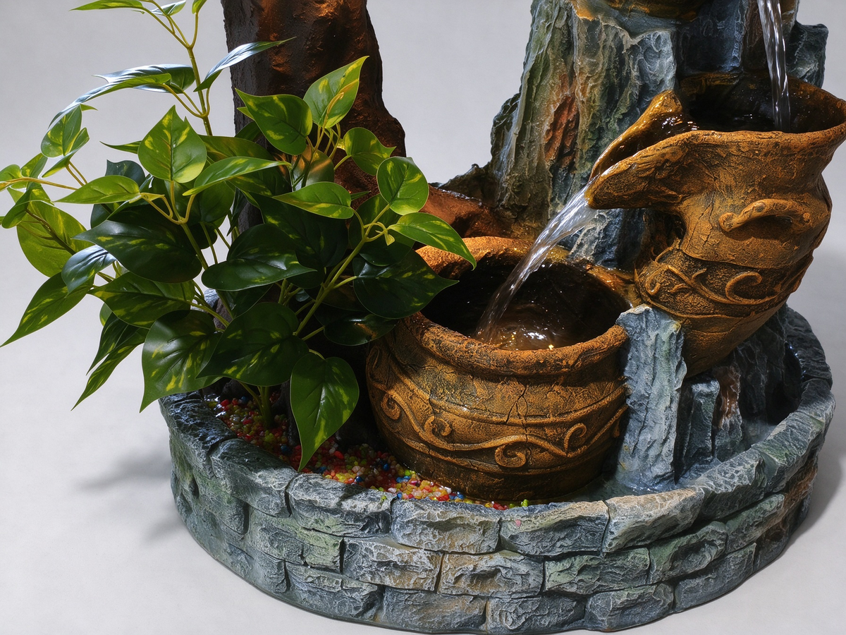 Sabina Bonsai Cascade Fountain – stacked-stone basin detail