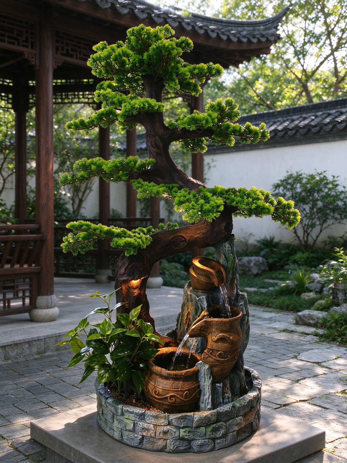Sabina Bonsai Cascade Fountain in an Asian-style garden courtyard
