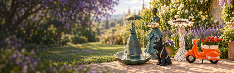Spring Collection 2026 umbrella lady fountain, bird feeder lady, dog basket planter, sunflower bird bath and scooter planter in a spring garden