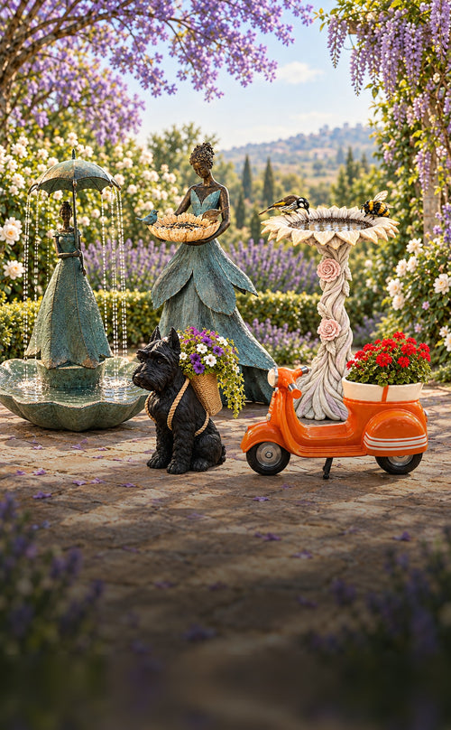 Spring Collection 2026 new garden statues and bird baths in a spring garden with jacaranda