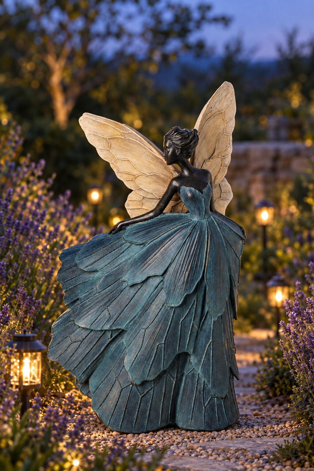 Teresa garden fairy statue on a lavender-lined path at dusk