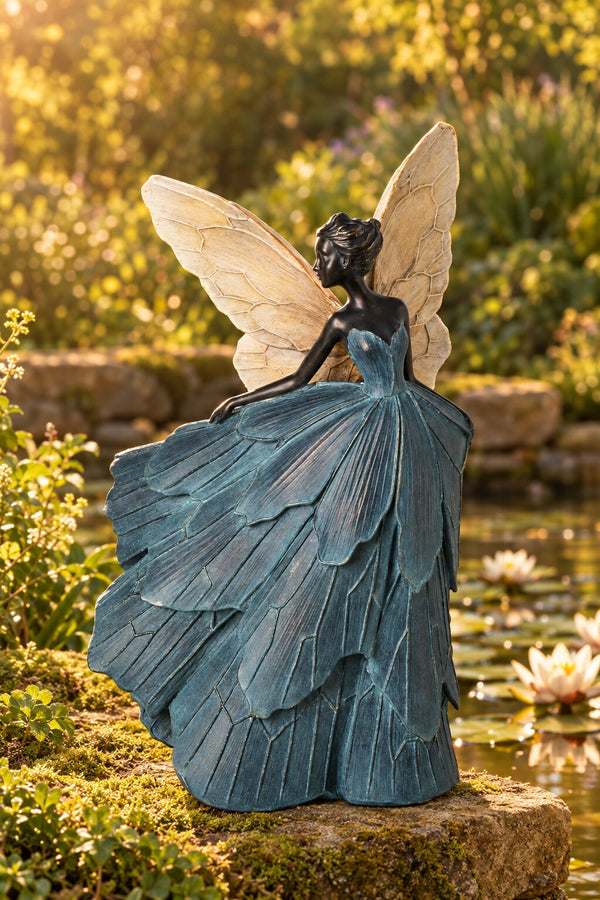 Teresa resin garden fairy in a blue butterfly-wing gown beside a garden pond at golden hour