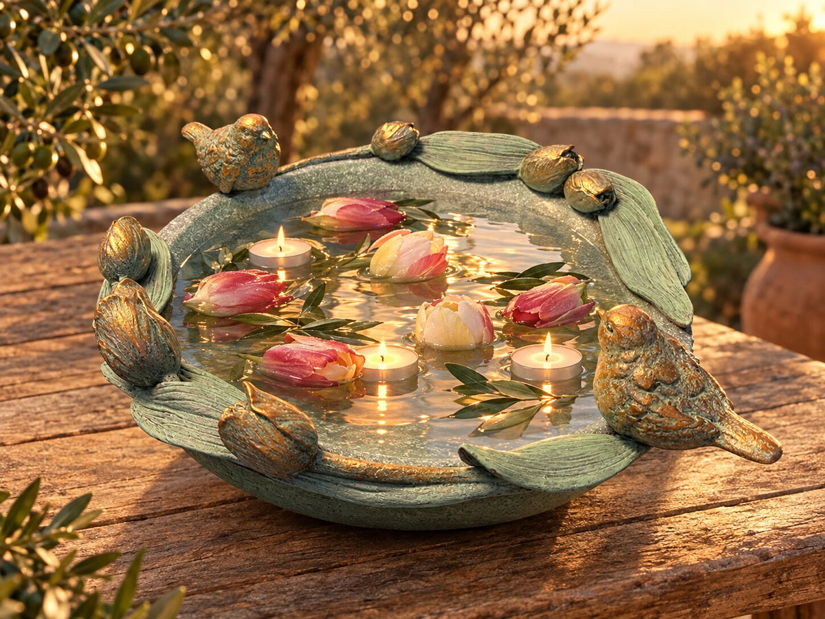 Volare tulip bird bath as a table centrepiece with floating tulips and candles