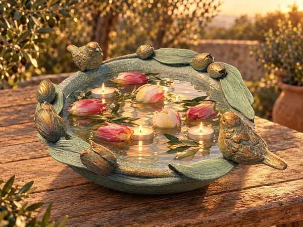 Volare tulip bird bath as a table centrepiece with floating tulips and candles