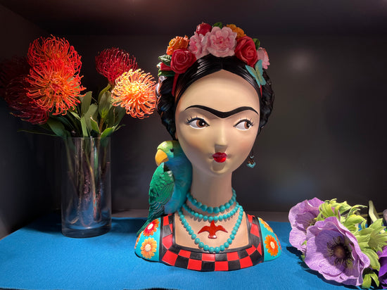 Mexicana Lady Bust with Parrot & Earrings in Vivid Colours Ceramic Finish