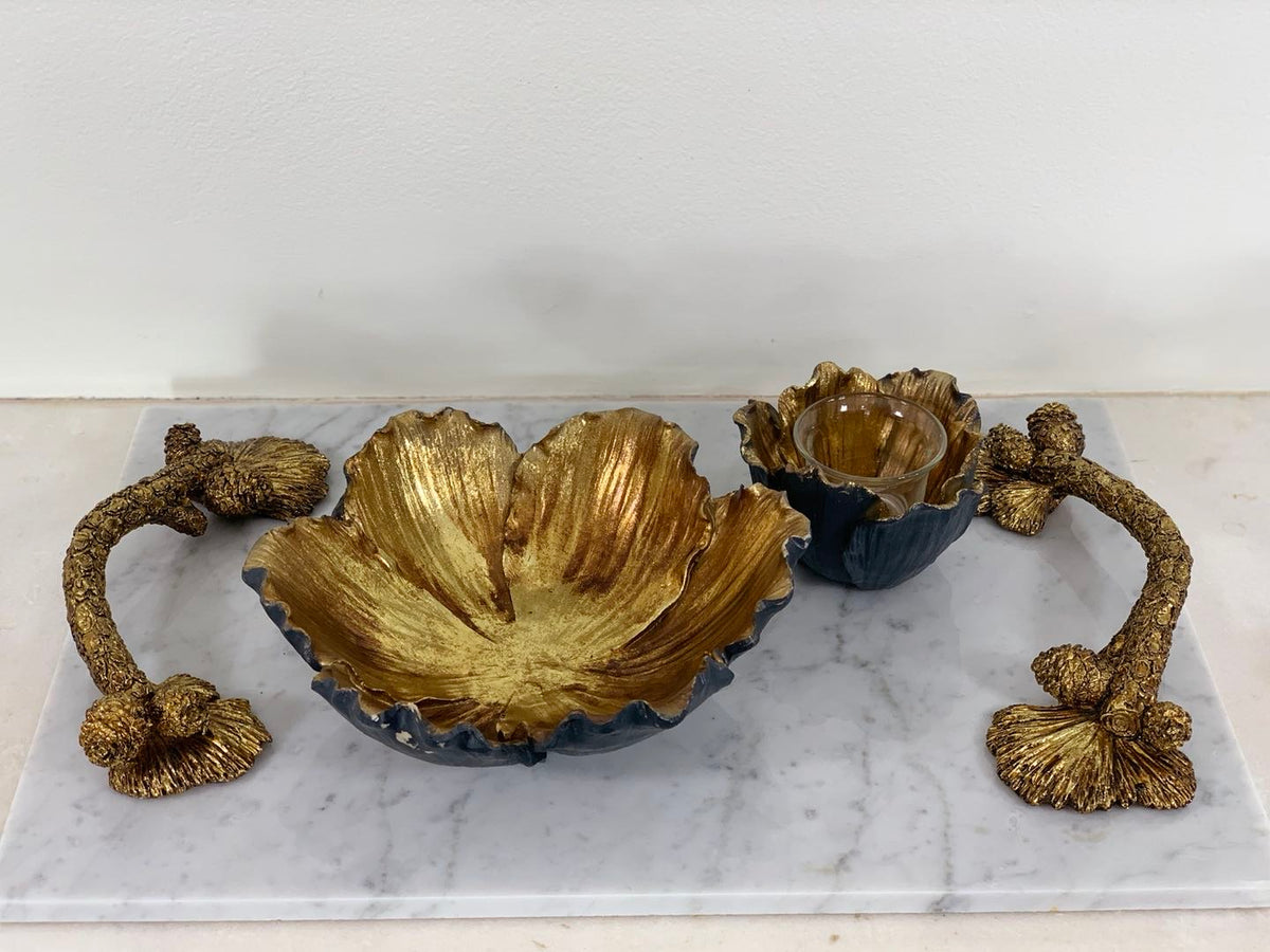 Flower Shaped Set Bowls Black & Gold with Candle Holder