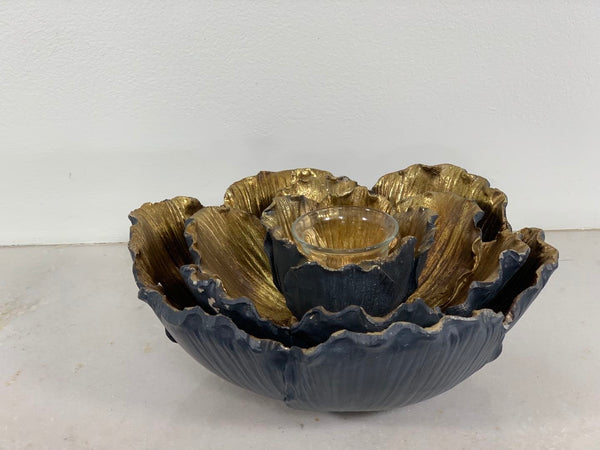Flower Shaped Set Bowls Black & Gold with Candle Holder