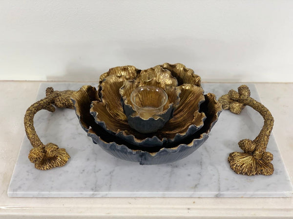 Flower Shaped Set Bowls Black & Gold with Candle Holder