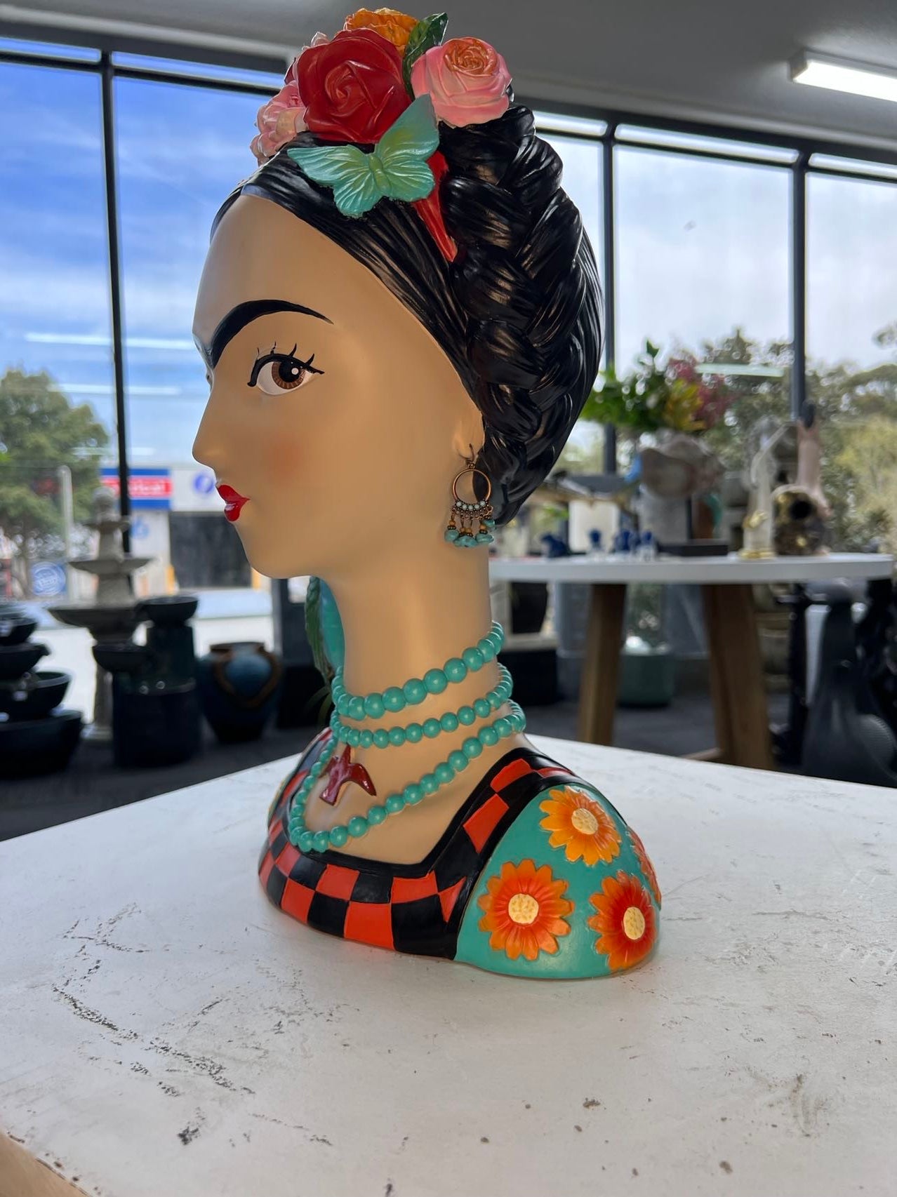 Mexicana Lady Bust with Parrot & Earrings in Vivid Colours Ceramic Finish