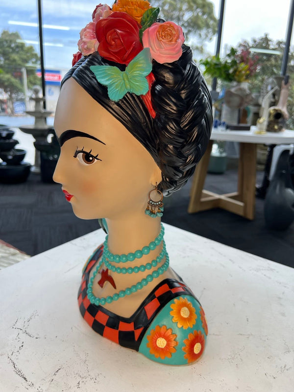 Mexicana Lady Bust with Parrot & Earrings in Vivid Colours Ceramic Finish