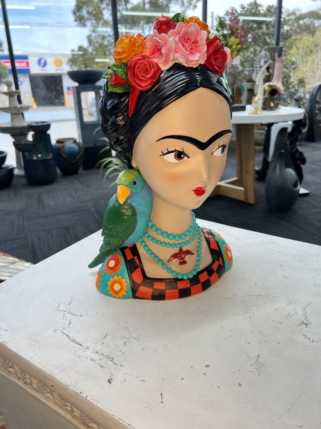 Mexicana Lady Bust with Parrot & Earrings in Vivid Colours Ceramic Finish