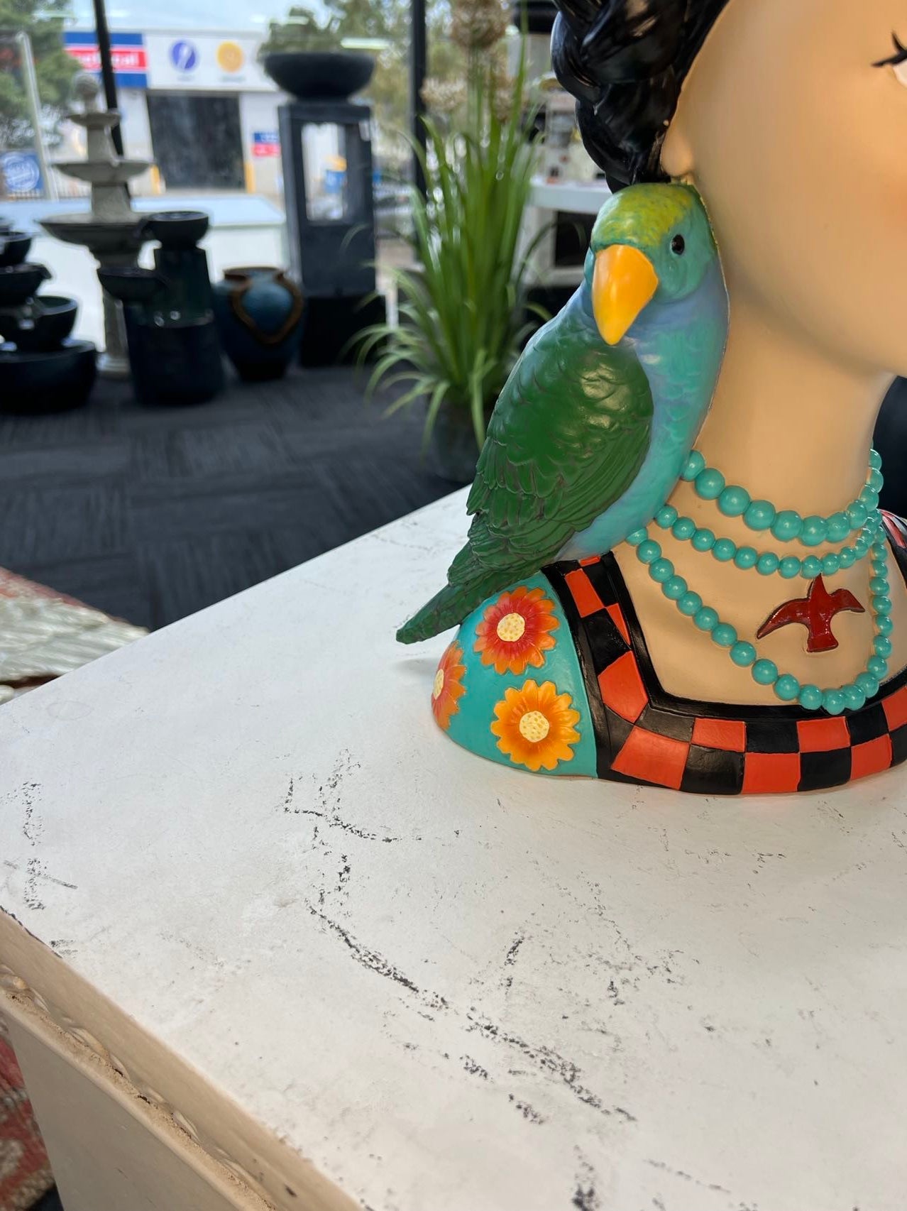 Mexicana Lady Bust with Parrot & Earrings in Vivid Colours Ceramic Finish