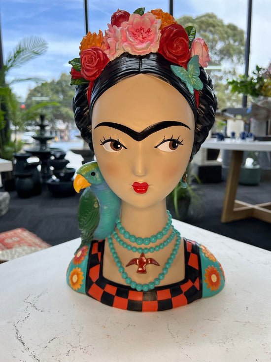 Mexicana Lady Bust with Parrot & Earrings in Vivid Colours Ceramic Finish