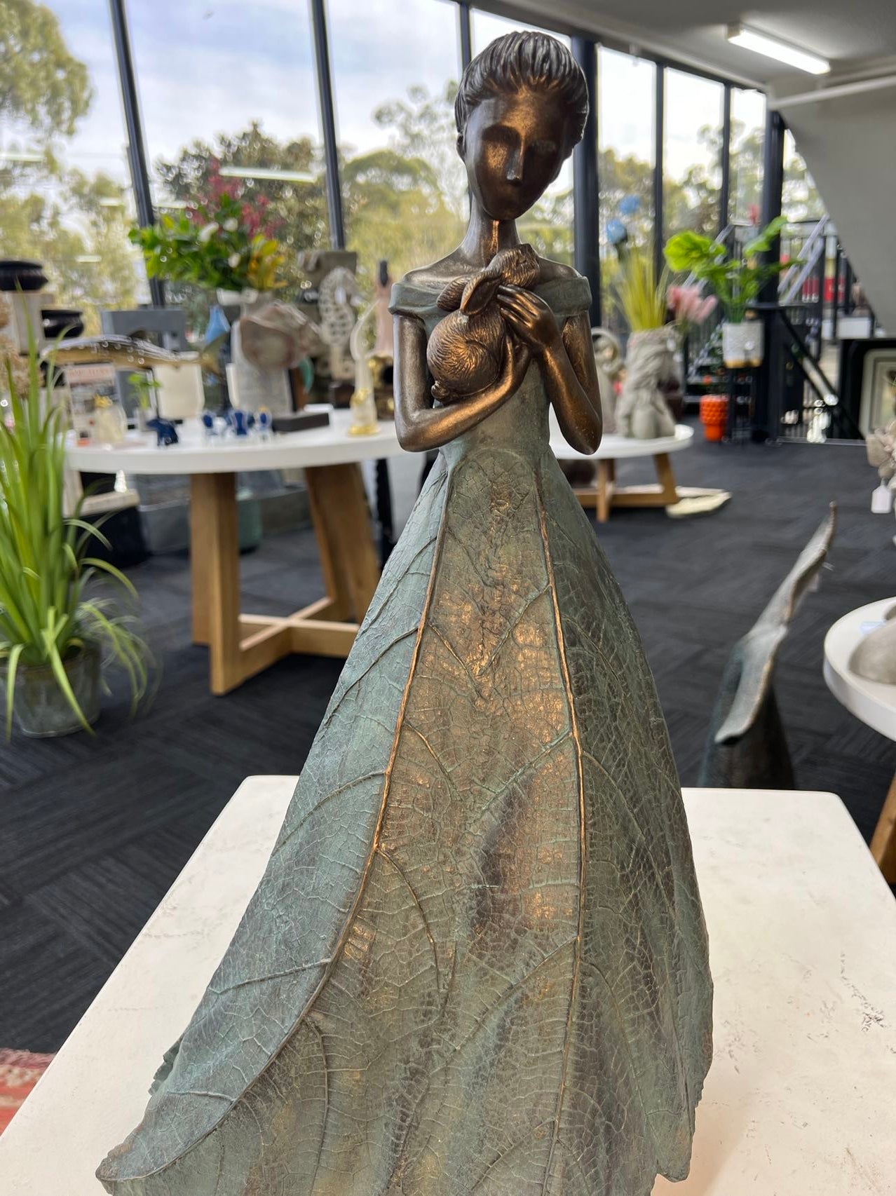 Helina Elegant Lady in Bronze with Blue Leaves Dress