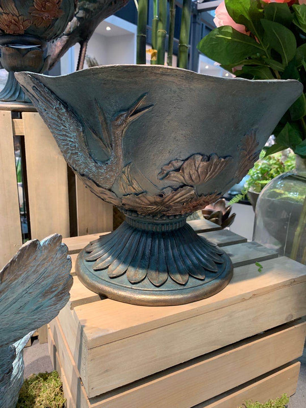 Planter Dark Green Grey Birds Design
