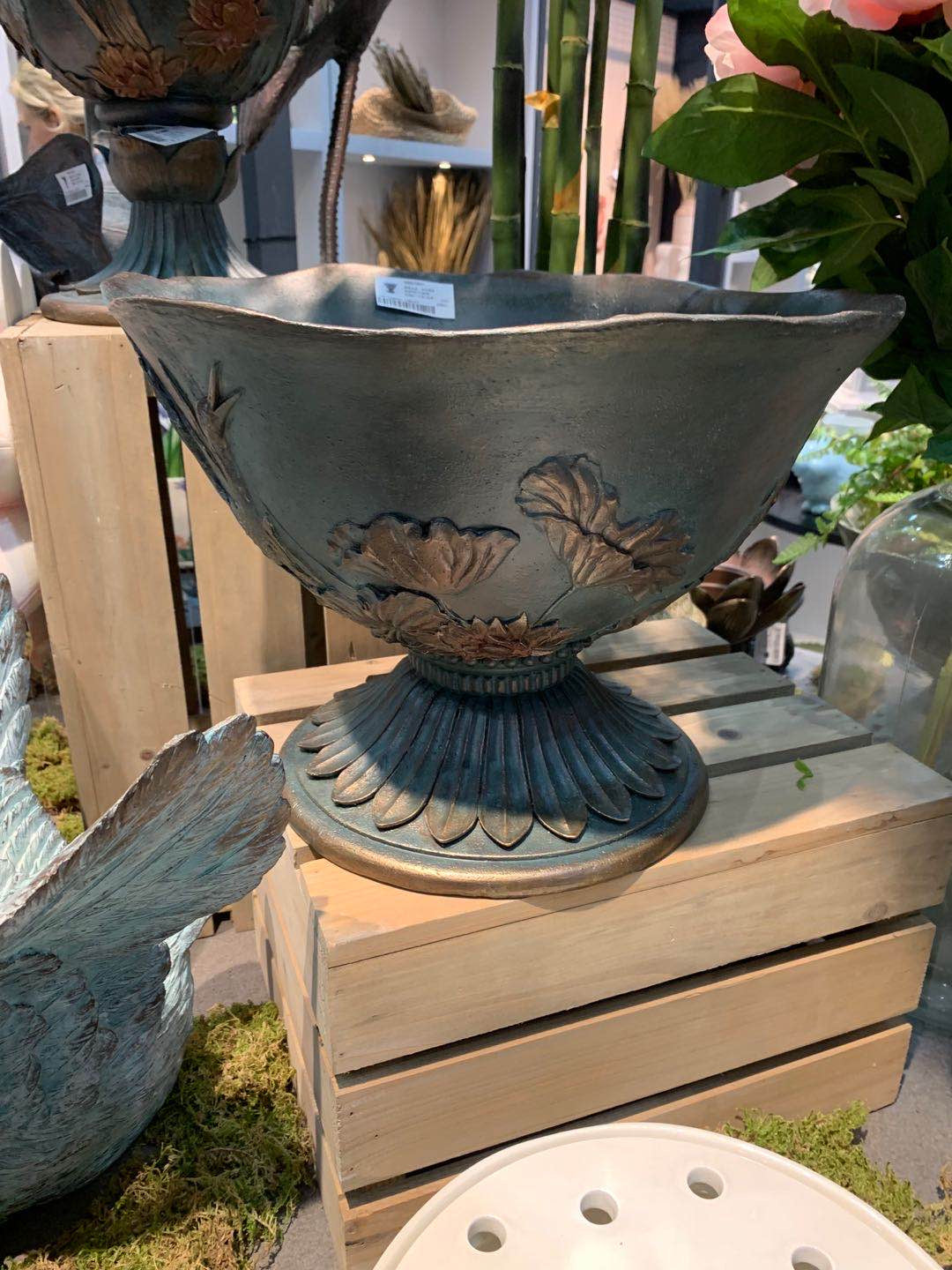 Planter Dark Green Grey Birds Design