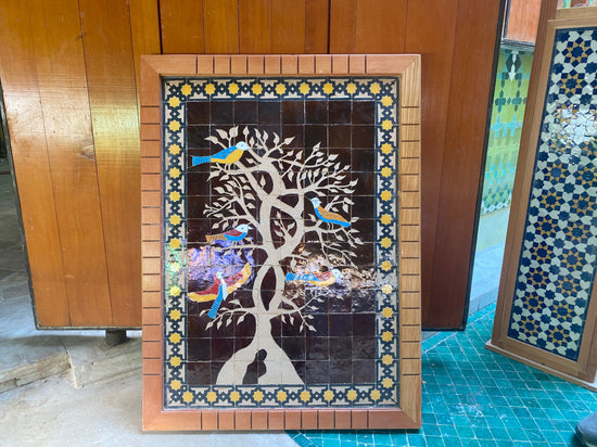 Moroccan Black mosaic wall hanging with wooden frame, small mosaic pieces birds on a tree, wall mosaic decor mosaic art  , tiles clay wall art
