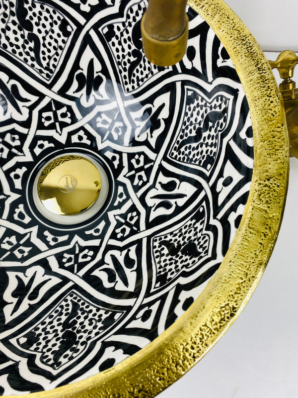 Brass Rimmed ceramic sink - bathroom Basin with Mid-Century Modern flair - Farmhouse Basin sink - luxury bathroom washbasin black and gold