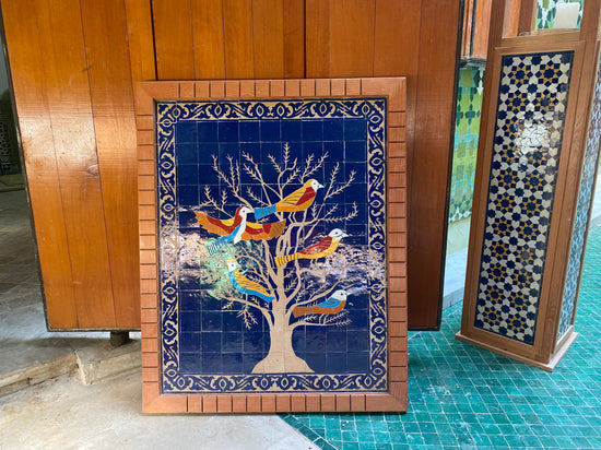 Moroccan mosaic wall hanging with wooden frame, small mosaic pieces birds on a tree, wall mosaic decor mosaic art  , tiles clay wall art