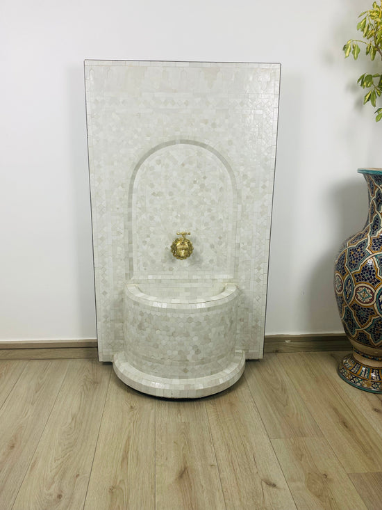 Custom Mosaic Fountain white for Outdoor and Indoor, Mid Century Fountain water inside, Moroccan Mosaic Fountain