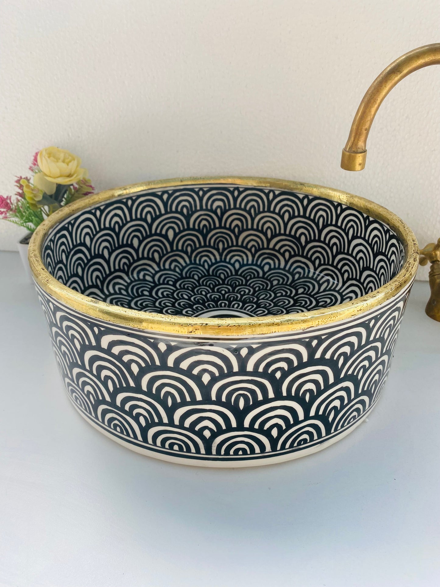 Bathroom vessel sink 14k gold rimmed - washbasin mid century hand painted sink - modern bathroom basin